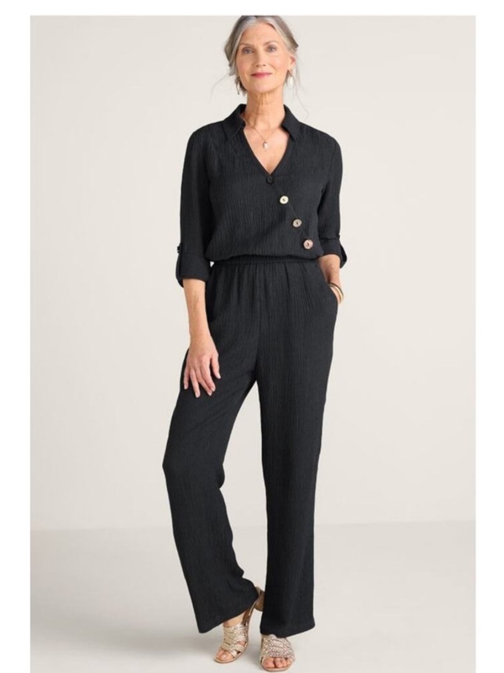 Soft Surroundings Black Crinkle Textured Wide Leg Jumpsuit Petite Large PL